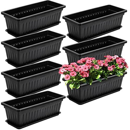 Fasmov 7 Pack 17 Inches Flower Window Box Plastic Vegetable Planters with Trays Vegetables Growing Container Garden Flower Plant Pot with 7 Pcs Plant Labels for Balcony, Patio, Garden, Black - color: 7pack,black