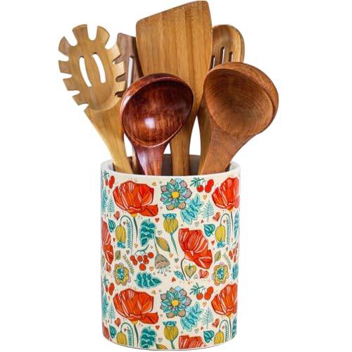 Kitchen Utensil Holder, 6.3 Inch Red Floral Ceramic Cooking Utensil Holder Colorful Modern Utensil Crocks for Kitchen Counter-Farmhouse, Housewarming Gift, Decor and Accessories (Flower-01, 6.3 Inch)