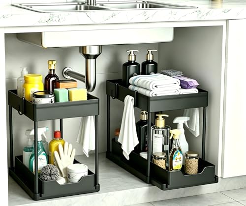 DEKAVA Under Sink Organizer 2 Pack, Bathroom Cabinet Organizer, 2 Tier Sliding Cabinet Basket Organizer Drawer, Multi-Purpose Bath Collection Baskets for Bathroom (Black) - color: Black