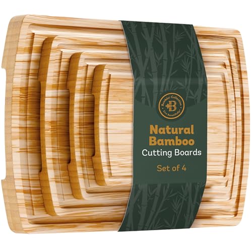 Bamboo Cutting Boards for Kitchen, Extra Large Wooden Chopping Board Set | Deep Juice Groove, Knife-Friendly, Side Handles, Reversible Butcher Block, for Serving, Meat, Veggies, Cheese, 4 Sizes - size: 4-Piece