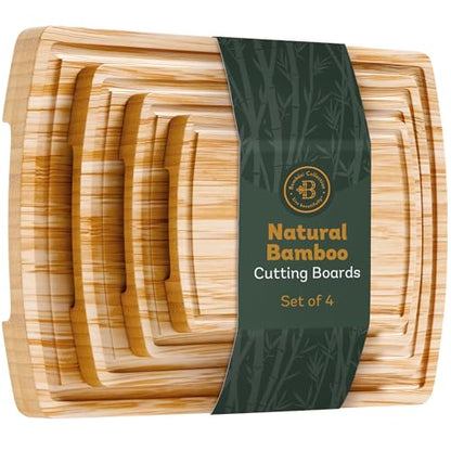 Bamboo Cutting Boards for Kitchen, Extra Large Wooden Chopping Board Set | Deep Juice Groove, Knife-Friendly, Side Handles, Reversible Butcher Block, for Serving, Meat, Veggies, Cheese, 4 Sizes - size: 4-Piece