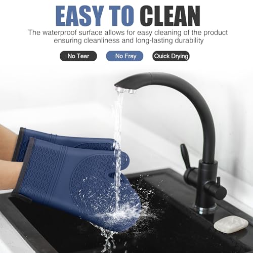 Silicone Oven Mitts, Heat Resistant 2PCS Oven Mitts with Soft Cotton Lining, Waterproof Non-Slip Grip Oven Glove, Kitchen Potholder Mits for BBQ, Baking, Cooking, 12.5 Inch - Dark Blue - color: Dark Blue