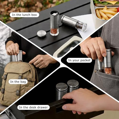 Mini Salt and Pepper Grinder Set Stainless Steel, Small Tiny Adjustable Coarseness Ceramic Salt Grinder with Funnel and Bag Portable Handy Spice Pepper Mill Shaker For Outdoor Party Lunch Bag Kitchen - color: Silver 2-Pack