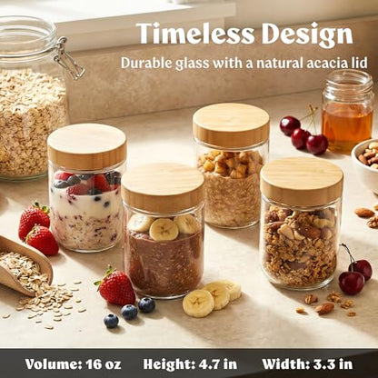 Overnight Oats Containers with Lids - Glass Mason Jars, Meal Prep | Bamboo Wood, Airtight Silicone Seal Set of 4 - Stackable for Chia Pudding, Yogurt, Cereal, Oatmeal, Salad, Pantry Storage - color: 4 pack - Bamboo Lid no Spoons