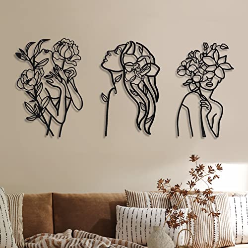 Photect 3 Pcs Metal Wall Art Decor Minimalist Abstract Woman Wall Art Metal Modern Line Drawing Decor Female Single Line Home Hanging for Bedroom Bathroom Living Room Housewarming(Elegant,Black) - color: Black, style: Elegant