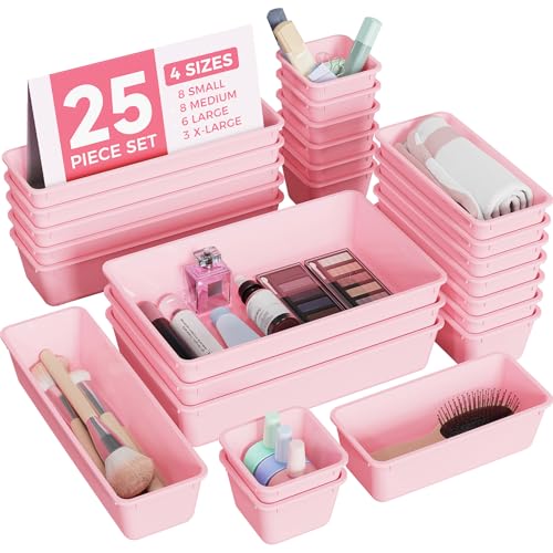 BiuLeon 25 PCS Plastic Drawer Organizers Set, 4-Sizes Vanity and Makeup Organizer, Desk and bathroom Drawer Organizer Trays, Organizers and Storage for Makeup, Jewelry, Gadgets, Utensils (Pink) - color: Pink