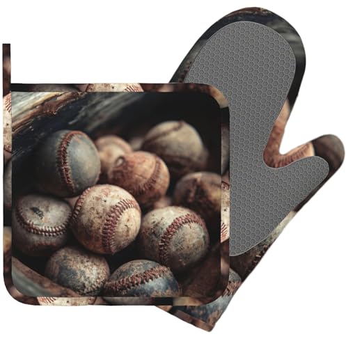 Baseball Heat-Resistant Oven Mitts and Pot Holder Kitchen Non-Slip Silicone Cooking Microwave Gloves for Cooking Baking Grilling - color: Baseball