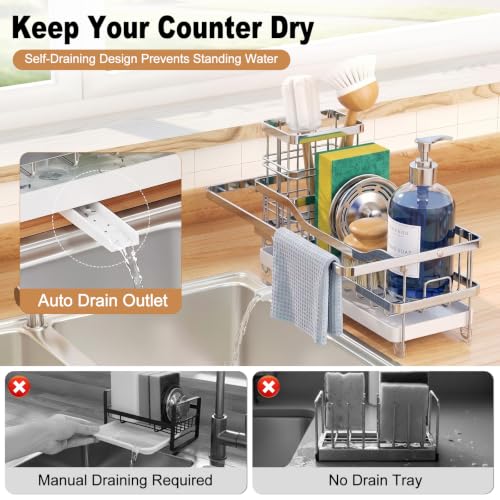 Sponge Holder for Kitchen Sink, Self-draining Sink Caddy with Towel Rack and Brush Holder, Metal Kitchen Countertop Organizers and Storage Essentials, Silver - color: Silver