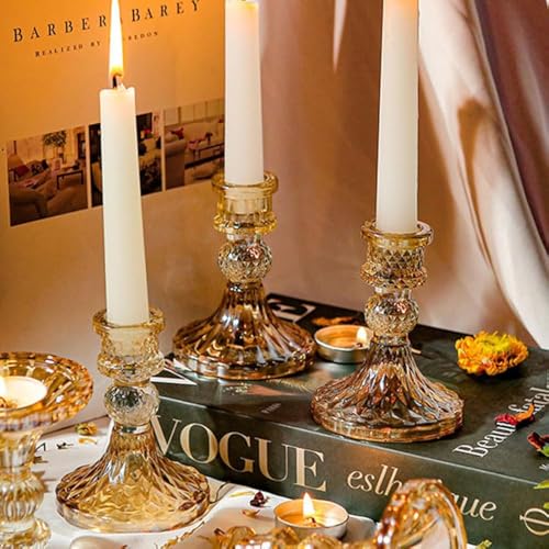 Crystal Glass Candlestick Holder Taper and Pillar Candle Holder Desktop Decoration for Wedding Dinning Party-3 pcs - color: Amber