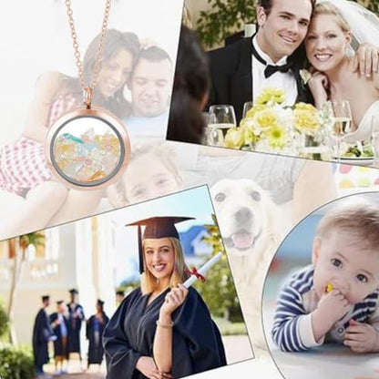 4pcs Photo Locket Charms Necklace Round Stainless Steel Locket Pendants Crystal Double-Sided Picture Frame Memory Locket Charm with 17.7inch Chain for Wedding Jewellery Making Photo - color: Rose Gold