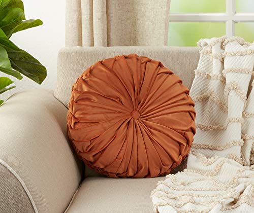 SARO LIFESTYLE Round Velvet Pintucked Poly Filled Throw Pillow - color: Rust, size: 1 Count (Pack of 1)