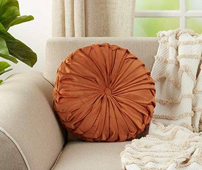 SARO LIFESTYLE Round Velvet Pintucked Poly Filled Throw Pillow - color: Rust, size: 1 Count (Pack of 1)