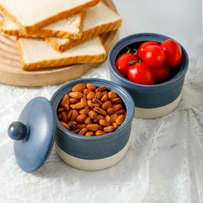 Hasense Salt Cellar Set, Ceramic Salt Box with Lid, 9 oz Stacked Salt Pepper Container for Countertop, Small Spice Bowls for Salt Pepper Sugar, Christmas Gift Ideas, Set of 2, Deep Blue - color: Deep Blue