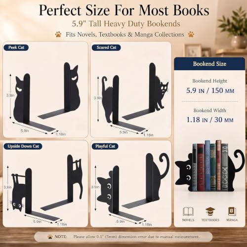 8 Pcs Black Cat Metal Bookends Set of 4 Cute Book Ends for Shelves Decorative Bookshelf Home Office Desk Bookshelf Decor Gift for Cat Lovers and Reading Enthusiasts - style: Various Cats