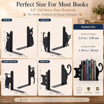 8 Pcs Black Cat Metal Bookends Set of 4 Cute Book Ends for Shelves Decorative Bookshelf Home Office Desk Bookshelf Decor Gift for Cat Lovers and Reading Enthusiasts - style: Various Cats