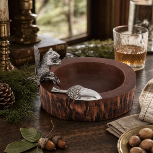 Standing Squirrel Nut Bowl with Pewter Acorn Scoop - Whimsical Mango Wood Dish for Serving Nuts - 8 Inch Diameter