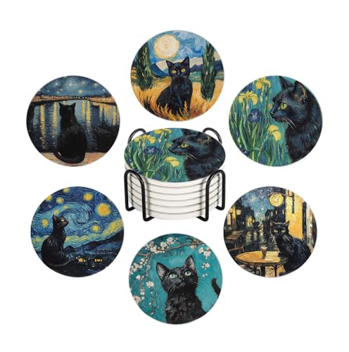 Drink Coasters for Drinks Set of 6, Art and Black Cat Absorbent Round Ceramic Stone Mat Coaster, with Cork Base and Metal Holder, Home Bar Decor House Warming Gift - color: Black Cat, size: Round
