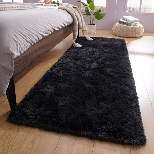 YJ.GWL Runner Rugs for Hallway, 2x4 Washable Small Black Bedside Rugs for Living Room Bedroom, Soft Fluffy Shaggy Indoor Floor Carpet for Kids Boy and Girls Room Nursery Home Decor Aesthetic - color: Black, size: 2' x 4' (Rectangular)