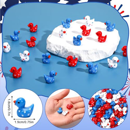 JUNEBRUSHS 50 Pcs Patriotic Ducks Mini Resin Duck 4th of July Tiny Ducks Red White Blue Miniature Ornaments for Vase Filler Jewelry Making DIY Crafts Party Gifts Decorations - style: Independence Style