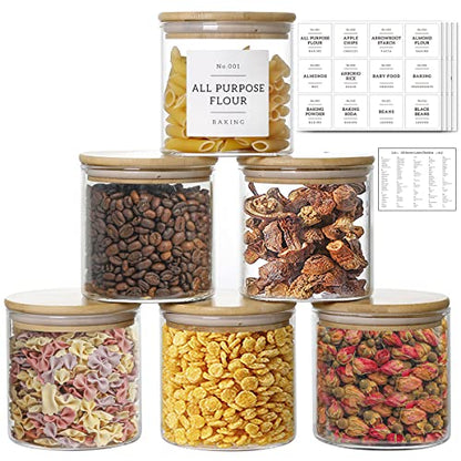 20 OZ Glass Food Storage Jars with 132 Pantry Labels Preprinted - 6 Pcs Thicken Glass Storage Containers with Airtight Bamboo Lid - Clear Kitchen Canister for Spice, Tea, Coffee, Sugar, Cookie, Candy - color: 20oz(6pcs)