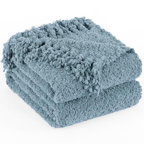 Throw Blanket for Couch, Knitted Throws with Fringe Tassels | Dusty Blue 50X60 Handmade Feeling Luxury Textured Blankets for Bed Sofa Chunky Knit Soft Farmhouse Boho Decor - color: Dusty Blue, size: Throw (50"x60")