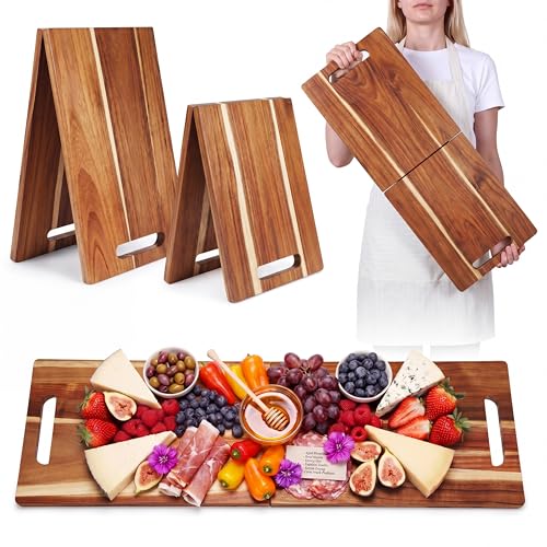 2 Pcs Large Charcuterie Board Foldable Acacia Wooden Charcuterie Board with Handle Serving Boards Tray Long Cutting Boards for Cheese Appetizers Party Travel (36 x 12 Inch, 30 x 12 Inch) - size: 36 x 12 Inch,30 x 12 Inch