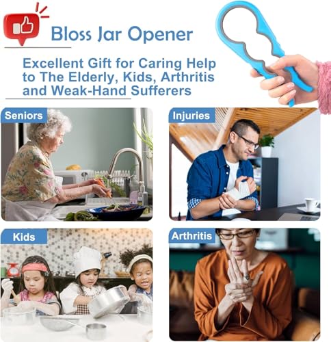 Bloss Jar Opener Can Opener Kitchen Grippers, Multi-use Lid Opener Set | Anti-skid Jar Openers for Weak hands, Seniors with Arthritis, Includes Non-slip Rubber Gripper Pad & Wine Opener, Blue - color: Blue-4pcs