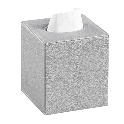 PU Leather Tissue Box Cover Square Tissue Box Holder, Silver | Magnetic Closure, Decorative Tissue Holder for Bathroom Bedroom Office - color: Silver