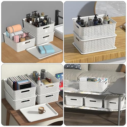 6 Packs Plastic Woven Storage Basket with Lid, Stackable Lidded Storage Baskets for Shelves (White)