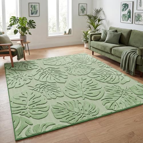 Sage Green Monstera Area Rug 8x10, High-Low Plush Pile Washable Rugs for Living Room Bedroom, Tropical Non Slip Nursery Carpet Soft Indoor Shag Rugs for Dining Room - color: Green, size: 8' x 10' (Rectangular)