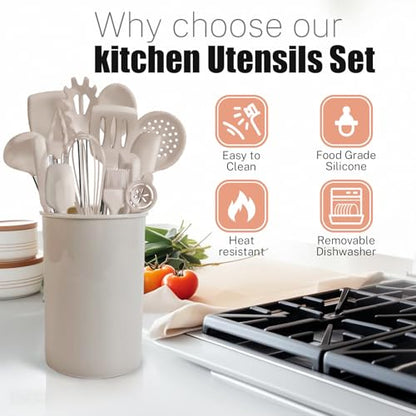 Silicone Kitchen Cooking Utensils Set with Stainless Steel Handle, Spatula Set Utensil Set, Cooking Utensil Set,Kitchen Tools Gadgets for Nonstick Cookware (35, Khaki) - color: Khaki