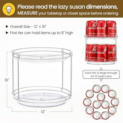 2 Tier Non-Skid Acrylic Lazy Susan Turntable Organizer - Rotating Spice Rack - Spinning Organization Tray for Kitchen, Pantry, Countertop, Closet, Bathroom, Vanity, Medicine Cabinet Organizing, 12'' - size: 12in