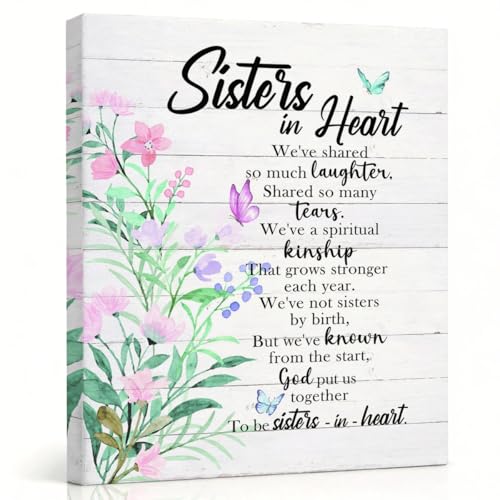 RTVJTERQ Best Friend Sister Canvas Wall Art, Sisters in Heart Floral Butterfly Print, Thoughtful Friendship Gift for Soul Sisters, Rustic Farmhouse Decor, Gallery Wrapped 8x10 Inches - color: Quote 01