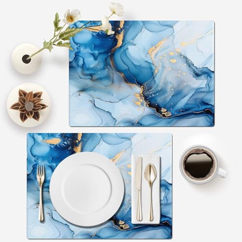 Mcalk Blue Marble Table Runner and Placemats Set of 6, Marble Print Placemats, Modern Cloth Place Mats Indoor for Kitchen,Washable Linen Material for Dining Table - color: 02blue