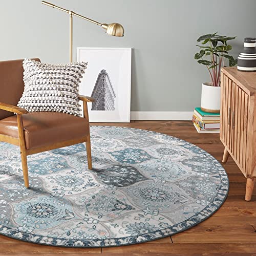 Lahome Moroccan Trellis Round Rug, 5ft, Blue, Faux Wool, Machine Wash, Non-Slip Backing, Low Pile, Floral Pattern, Area Rug for Bedroom, Living Room, Bathroom | Ultra-Thin Small Boho Circle Carpet for Entryway Kitchen Bedroom Nursery Bathroom Vionnet, Blu