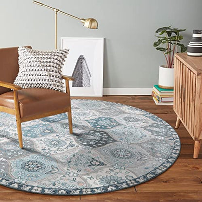Lahome Moroccan Trellis Round Rug, 5ft, Blue, Faux Wool, Machine Wash, Non-Slip Backing, Low Pile, Floral Pattern, Area Rug for Bedroom, Living Room, Bathroom | Ultra-Thin Small Boho Circle Carpet for Entryway Kitchen Bedroom Nursery Bathroom Vionnet, Blu