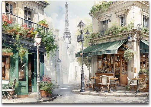 Modern Framed Street View Wall Art European Coffee Shop Canvas Print, Contemporary City Scene Painting, Vintage Cafe Artwork for Kitchen Dining Room Living Room, Bedroom Home Decor, Multi Size - color: Green 01, size: 24"L x 16"W