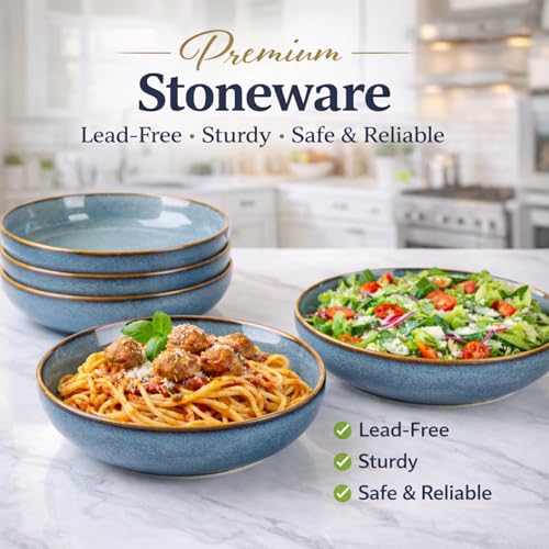 GBhome 8.75'' Large Ceramic Pasta Bowls, 38oz Stoneware Pasta Serving Bowls Set of 4 for Kitchen, Wide Bowls for Fruit,Pasta,Salad,Oatmeal,Meal, Microwave Safe, Reactive Glaze-Space Blue - color: Space Blue