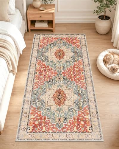 OLANLY 2x5 Washable Runner Rug, Soft Non Slip Carpet for Hallway Kitchen | Brick Red Boho Vintage Floral Medallion Farmhouse Rug, Spill & Stain Resistant Low Pile, for Entryway Laundry Office Bedroom - color: Brick Red, size: 2' x 5' (Runner)