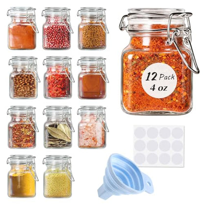 SPANLA Spice Jars, 12 Pack 4oz Small Glass Jars Spice Jars Herb Jars | Spice Herb Jars with Airtight Hinged Lids, 4oz Glass Jar with Labels Silicone Funnel Ideal for Spice Herbs Art Craft Storage - color: 12 Pack