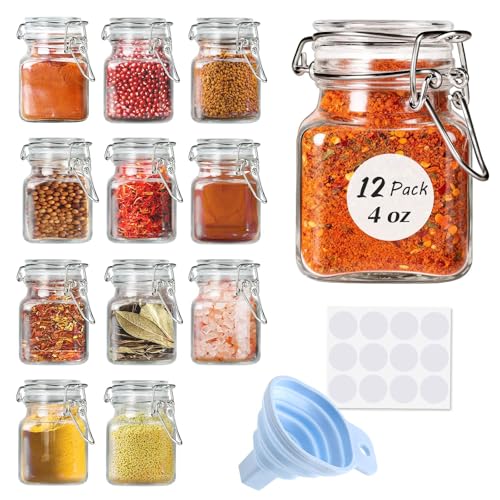SPANLA Spice Jars, 12 Pack 4oz Small Glass Jars Spice Jars Herb Jars | Spice Herb Jars with Airtight Hinged Lids, 4oz Glass Jar with Labels Silicone Funnel Ideal for Spice Herbs Art Craft Storage - color: 12 Pack