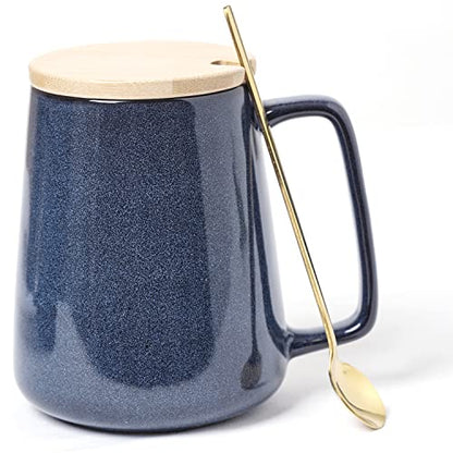 Large Ceramics Coffee Mugs,24 OZ,With Spoon And Wooden Lid,For Coffee,Tea,Cocoa,Large Handle Design,Microwave And Dishwasher Safe(Color:24 oz blue set) - color: 24 oz blue set