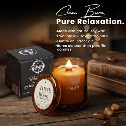 Long-Lasting White Rose Soy Wax Candle | Scented Candles for Home Decoration | 60+ Hour Burn Time Hand-Poured in Glass Jar | Classic, Delicate, and Clean Floral Fragrance