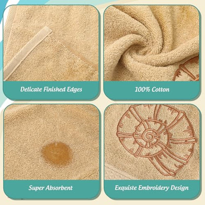 JarThenaAMCS 3Pcs Coastal Hand Towels Cotton Embroidered Bathroom Towel Ocean Beach Starfish Seashell Conch Decorative Dish Towel for Summer Holiday Home Bathroom Kitchen Decor
