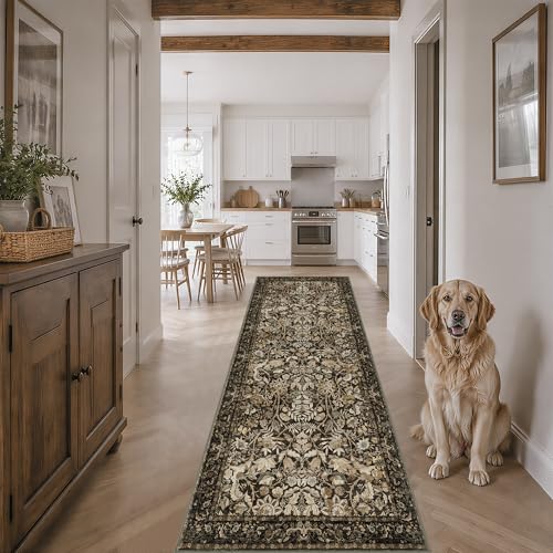 Vintage Floral Runner Rug 2x8: Machine Washable Non-Slip Mat Hallway Brown | Easy Clean Stain Resistant - Oriental Home Decor - Low-Profile 0.2in Fits Under Doors - Perfect for Entrance Kitchen Bathroom - color: Brown and Gold, size: 2' x 8' (Runner)