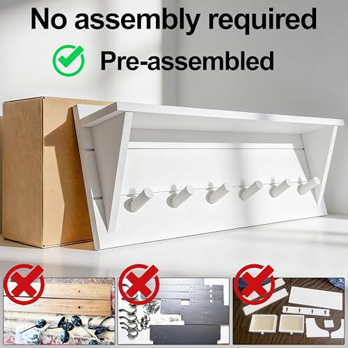 WEBI Coat Rack Wall Mount with Shelf,24" Long Entryway Wall Shelf with Hooks Underneath,6 Peg Hooks for Hanging Coats,Caps,Jacket,Clothes,White - color: White, size: 24 Inch