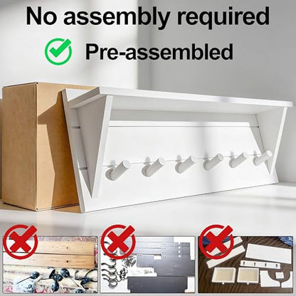 WEBI Coat Rack Wall Mount with Shelf,24" Long Entryway Wall Shelf with Hooks Underneath,6 Peg Hooks for Hanging Coats,Caps,Jacket,Clothes,White - color: White, size: 24 Inch