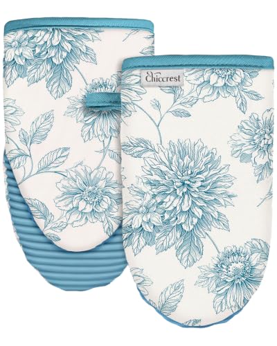 100% Thick Cotton Oven Mitts Ribbed Soft Silicone Blue Floral | Aesthetic Oven Mitts for Women, Machine Washable Non-Slip Kitchen Mitts, Reversible for Both Hands, Stylish Kitchen Decor - color: Blue Floral