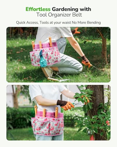 Gardening Tools 10-Piece Garden Tool Set, Rust Resistant, Pink | Steel hand kit with organizer belt for outdoor planting, Garden care and gardening gifts for women, Includes garden tool sets
