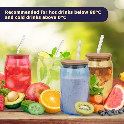 Lily's Home 16oz Glass Tumbler Set with Bamboo Lids and Straws, 4 Pack Multi-Color Glass Cups Drinking Glasses for Smoothies, Iced Tea, Beverages and Iced Coffee Cup with Lids and Straw, Drinking Jars